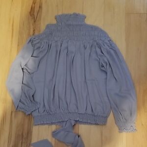 VENUS Smocked High Neck Blouse - Soft Gray